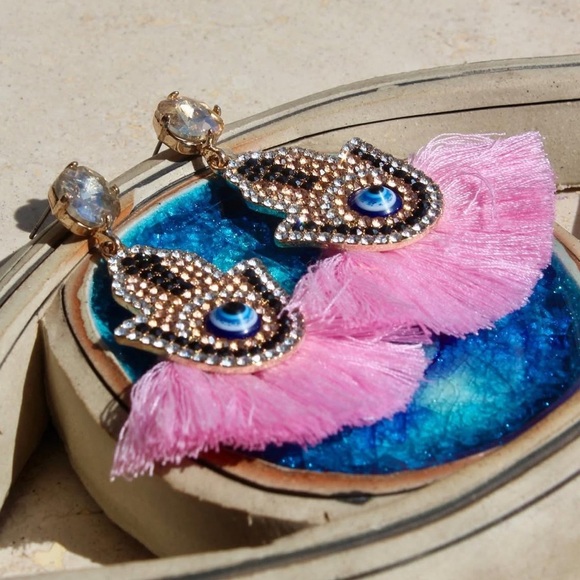 NEW! Boho Fringe Tassel Evil Eye Hamsa Hand Crystal Drop Earrings - Picture 3 of 9